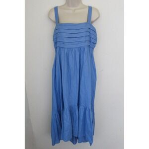 Abercrombie Fitch Sun Dress Large Petite Blue Maxi Linen Blend Smocked Pockets
